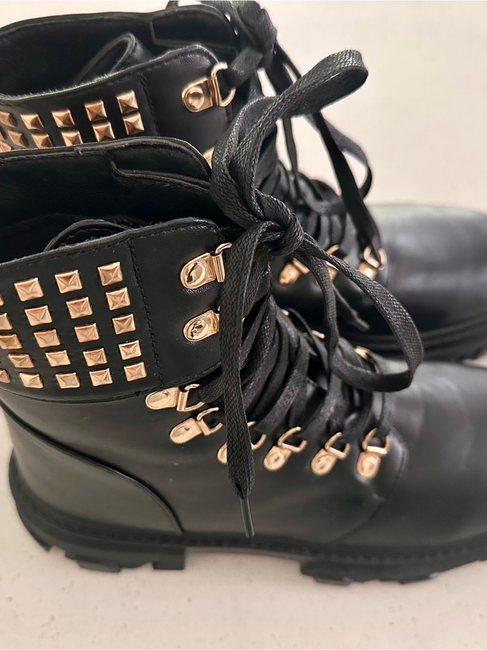 Black Studded Lace-Up Combat Boots - Women